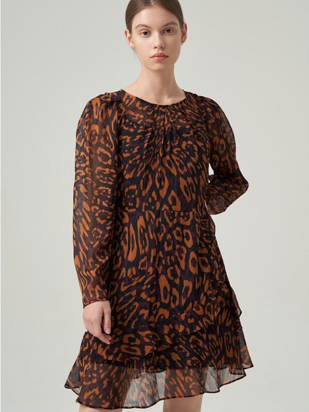 DKNY Cheetah Animal Print Long Sleeve Round Neck Ruffle Hem Mini Dress Size XS
